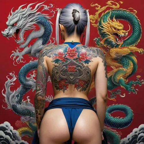 moondragon,oriental painting,oriental girl,japanese art,tattoo girl,sichuanese,Illustration,Japanese style,Japanese Style 13