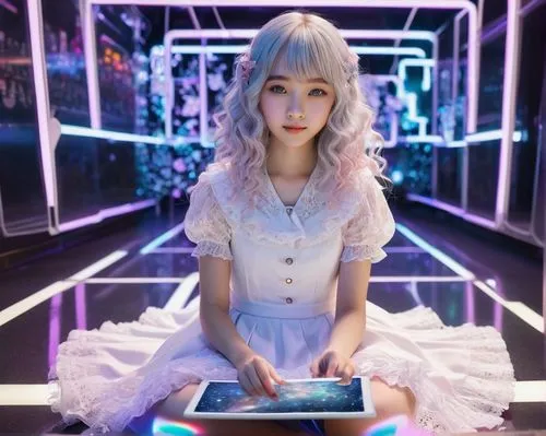 Cute ai girl, 15yo, big sparkling eyes, long curly silver hair, pink blush, subtle freckles, delicate features, slender figure, white lace dress, frilly socks, brown loafers, holding a tablet, sitting