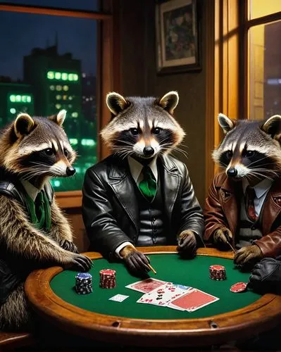 poker,raccoons,dice poker,poker set,poker table,mafia,suit of spades,anthropomorphized animals,businessmen,snooker,playing cards,card game,card games,business meeting,business men,gambler,rotglühender poker,fox hunting,bar billiards,investors,Art,Artistic Painting,Artistic Painting 36