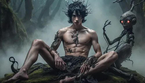 vanitas,primitive man,daemon,shaman,fantasy art,forest man,faun,dark art,primitive person,fantasy picture,black warrior,devil's walkingstick,trioceros,humanoid,shamanic,fantasy portrait,shinigami,dark elf,shamanism,hag,Illustration,Realistic Fantasy,Realistic Fantasy 02