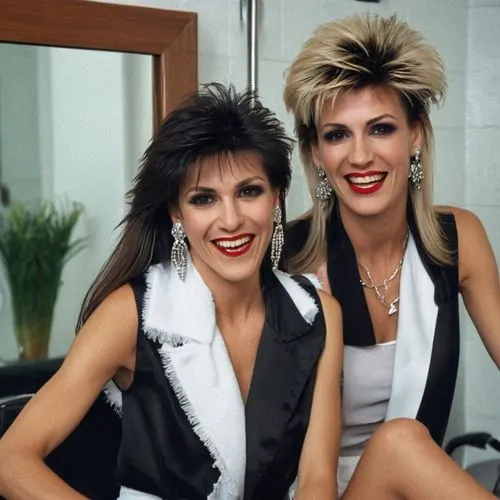 Close portrait. View of attractive rich very elegant laughing italian women with hairstyle 1980s style C C Catch,  looking straight into eyes, caressing bare upper arms, sitting in the chair and cross