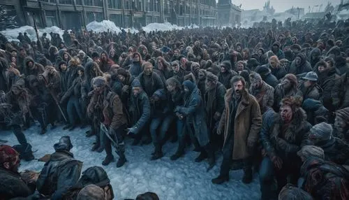 The survivors had to face the zombie-like crowd. Those who were changed by the ice turned into ruthless creatures.,crowd of people,the sea of red,crowds,concert crowd,human chain,crowd,the crowd,the p