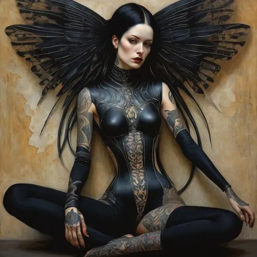 dark angel,black angel,demoness,baroness,deathbird,bodypainting,Illustration,Paper based,Paper Based 19