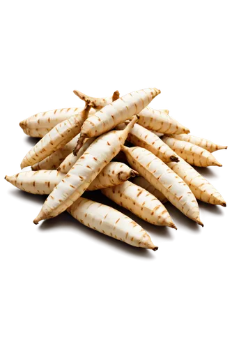 Starchy cassava root, peeled, white flesh, rough brown skin, scattered on wooden table, warm lighting, shallow depth of field, 3/4 composition, soft focus, natural texture, earthy tone.,enoki,padnos,s