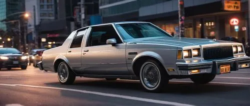 1980s Buick Skylark, retro car, silver metallic paint, sleek curved lines, sporty spoiler, alloy wheels, low-angle shot, dramatic lighting, city street at dusk, modern skyscraper in the background, bu