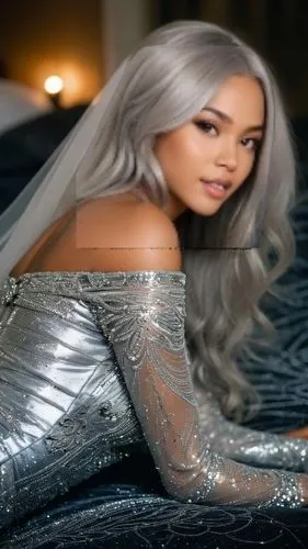 As the night sky transforms into a maze of swirling shapes and colors, the ebony 20 years old gazes intently on a luxurious bed, adorned in a shimmering silver gown. Her ethereal features come alive a