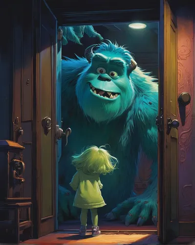 monster's inc,grinch,ogre,the little girl's room,studio ghibli,the door,child monster,laika,cg artwork,kong,home door,my neighbor totoro,in the door,green animals,night scene,green aurora,open door,monkey island,cameo,trolls,Illustration,Paper based,Paper Based 17