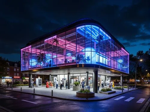 Modern gas station, sleek metallic facade, neon lights, futuristic architecture, curved lines, dynamic shapes, LED displays, digital signage, urban cityscape, busy streets, night scene, vibrant colors