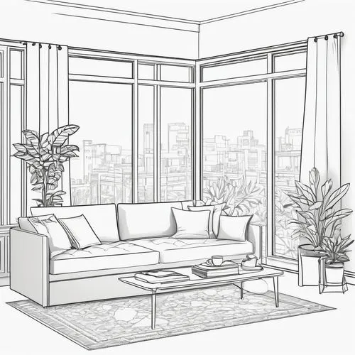 A black and white sketch depicting a cozy interior scene focused on a living room setting. It features a daybed with scattered cushions, flanked by a large window on the right and a potted plant on th