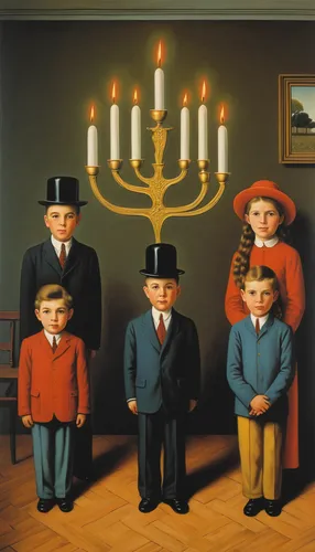 Describe a joyful Hanukah celebration with happy children and vibrant decorations.,menorah,hanukah,hannukah,hanukkah,candlestick for three candles,shabbat candles,candlemas,third advent,first advent,c