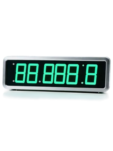 Digital timer, green screen background, futuristic design, silver metal frame, LCD display, counting down numbers, bright green glow, neon light effect, close-up shot, shallow depth of field, high-tec