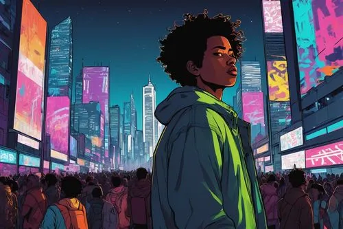 sci fiction illustration,digital illustration,tokyo city,afroamerican,city youth,tokyo,colorful city,shinjuku,pedestrian,metropolis,city lights,world digital painting,digital artwork,digital art,the city,crowds,a pedestrian,city ​​portrait,osaka,cityscape,Illustration,Vector,Vector 10