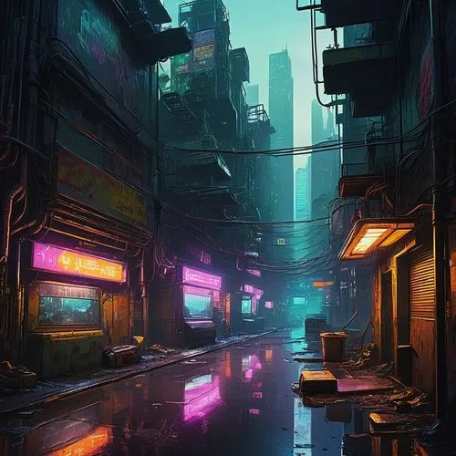 cyberpunk,alleyway,alley,shinjuku,cityscape,kowloon,shanghai,slum,colorful city,tokyo city,futuristic landscape,fantasy city,hong kong,kowloon city,scifi,tokyo,urban,metropolis,slums,taipei,Illustration,Japanese style,Japanese Style 13