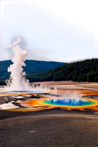 Yellowstone National Park, sunny day, clear blue sky, majestic mountain ranges, dense forests, geysers erupting, hot springs steaming, diverse wildlife, American bison roaming free, elk grazing, grizz