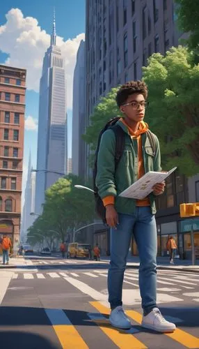 Modern high school student, intern, architecture firm, skyscraper, cityscape, blueprints, drafting table, pencil, ruler, calculator, laptop, coffee cup, water bottle, casual wear, jeans, sneakers, bac