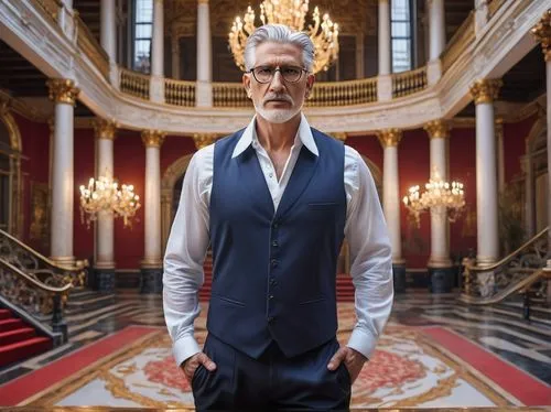 Mature man, muscular arms, stern facial expression, black-rimmed glasses, slicked-back silver hair, black vest, white shirt, dark blue trousers, leather shoes, standing, hands behind back, majestic pa