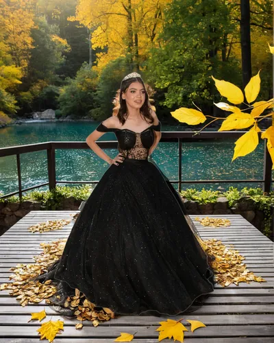 quinceañera,quinceanera dresses,yellow rose background,sunflower lace background,autumn photo session,social,hoopskirt,ball gown,queen of the night,black and gold,fairytale,photographic background,aut