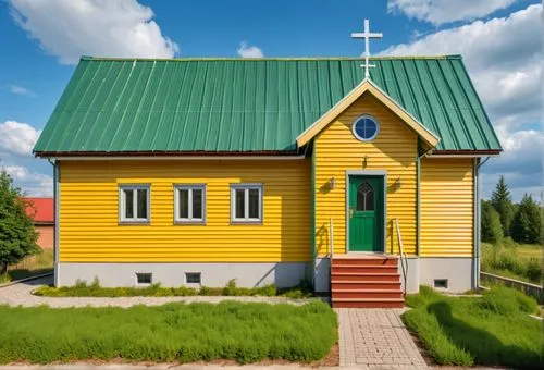 Small church school. Green roof made of corrugated sheet. Walls made of yellow siding. Brick base. Wooden steps.,a small house painted yellow with a green roof,wooden church,eparchy,little church,hone