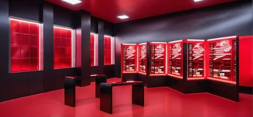 tony's chocolonely pop-up store design, the walls and floor are red. The ceiling is black. On the right wall, there is a black LED display in a zigzag shape. There is a red glossy table in front of th