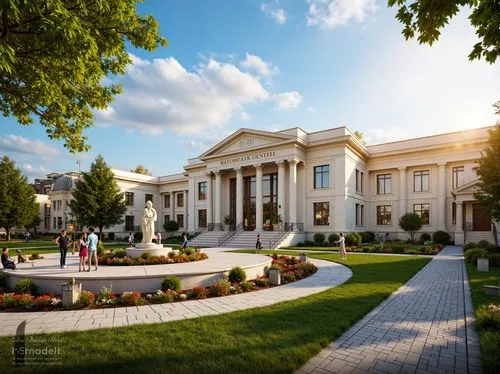 Grand neoclassical youth center, symmetrical fa\u00e7ade, Ionic columns, ornate balustrades, manicured lawns, vibrant flower beds, meandering walkways, natural stone pavers, circular fountains, sculpt