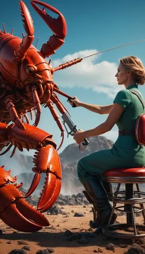 A captivating 3D render of an epic battle between a lobsterman and a beautiful woman. The lobsterman wields a unique weapon - a vintage barber chair, which he holds with both hands, ready to strike. T