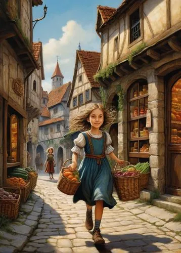 A young girl runs through a medieval European town, flanked by grocer's shops,townsfolk,medieval street,little girl in wind,townscapes,innkeeper,gretel,girl with bread-and-butter,knight village,halfli