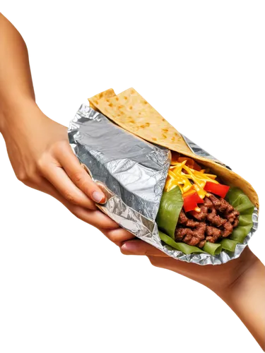 Mexican food, burrito, solo, wrapped in foil, beef and vegetables inside, crispy tortilla, melted cheese, salsa dripping, hands holding, close-up, shallow depth of field, warm lighting, appetizing com