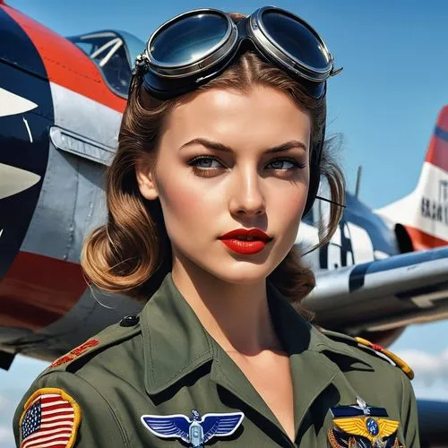 A captivating vintage-style illustration of a 25-year-old woman in a USAAF pilot's uniform, exuding confidence as she stands in front of a hangar on wet tarmac. Surrounding her are two iconic warplane