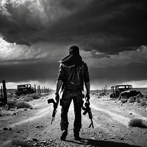 post apocalyptic,war correspondent,wasteland,blackandwhitephotography,mad max,apocalypse,man holding gun and light,lone warrior,apocalyptic,lost in war,desolate,post-apocalyptic landscape,children of war,battlefield,dead earth,nomad,the gobi desert,scythe,post-apocalypse,western film,Illustration,Black and White,Black and White 33