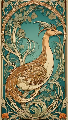 art nouveau design,constellation swan,ornamental duck,an ornamental bird,art nouveau,ornamental bird,birds of the sea,araucana,aquatic bird,phoenix rooster,waterbird,seabird,pelican,sea bird,aves,alcedo atthis,cygnet,water fowl,dove of peace,gryphon,Illustration,Retro,Retro 13