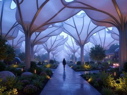 winter garden,biospheres,futuristic landscape,elven forest,biopiracy,greenhouses,greenhouse,flower dome,mirkwood,calydonian,arbor,ecotopia,greenhouse cover,tunnel of plants,biomes,towards the garden,hall of the fallen,forest of dreams,garden of plants,wonderlands