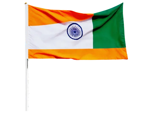 Tri-colour flag, Indian national flag, horizontal rectangular shape, saffron, white, and green colours, Ashoka Chakra in centre, 24 spokes, golden colour, waving gently, wind-blown, close-up shot, sha