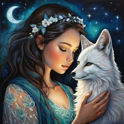 constellation wolf,girl with dog,wolf couple,moon and star,romantic portrait,fantasy picture,two wolves,fantasy art,sun and moon,howling wolf,white shepherd,fantasy portrait,moonflower,the moon and the stars,blue moon rose,mystical portrait of a girl,wolf's milk,a fairy tale,fairy tale,capricorn mother and child,Conceptual Art,Daily,Daily 34