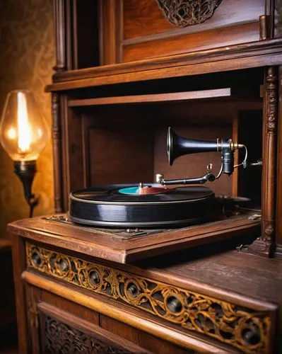 Vintage phonograph, 1920s style, ornate wooden cabinet, intricate carvings, golden accents, rounded horn speaker, old records stacked nearby, dimly lit room, nostalgic atmosphere, warm tone lighting, 