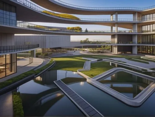 A public sea port hall with alot of Signboards and passengers  and in the middle of the hall  green leaves and water flatten ,autostadt wolfsburg,mclaren automotive,modern office,futuristic architectu