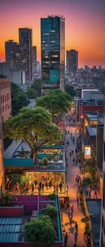 Modern city life, skyscraper, villa, residential building, people walking, jogging, cycling, shopping, street performers, vibrant colors, neon lights, urban jungle, greenery on rooftops, glass windows