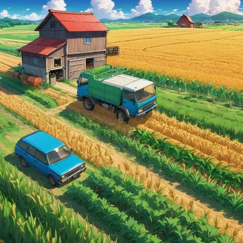 yamada's rice fields,yazaki,lupini,ghibli,ricefield,rural landscape,Illustration,Japanese style,Japanese Style 03