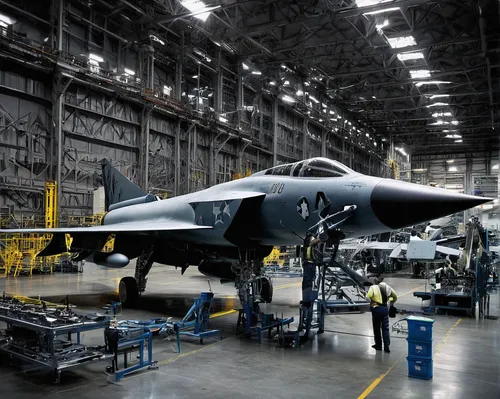 Men work on CF 100 jet fighter in an assembly line that fills the plant.,mcdonnell douglas f-15e strike eagle,lockheed xh-51,rockwell b-1 lancer,lockheed yf-12,mcdonnell douglas f-15 eagle,aerospace m