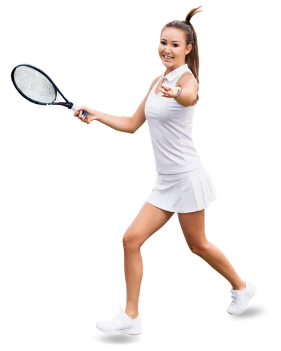 Tennis player, athletic woman, sporty, solo, (20yo), bright smile, sweat droplets on face, ponytail hair, minimal makeup, white tennis outfit, short skirt, sneakers, racket in hand, dynamic pose, jump