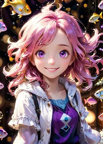 a young woman, purple eyes, long pink  hair, smiling, golden and white clothes. fish symbol,   ,a woman with pink hair and large blue eyes looks at her camera,komuna,satori,nanami,fairy galaxy,kawamor