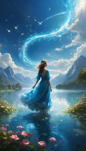 Heavenly garden, sparkling heavenly lake, blue sky, clouds, all-consuming whirlwind of love,a woman in a blue dress looking at a lake with a swirling blue background,fantasy picture,fantasia,mystical 