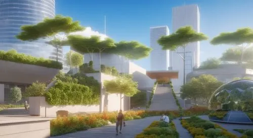 Usa un render arquitectonico ,conserva la vegetacion verde y incluye una ciclovia en el lado derecho, haz en el fondo edificios con formas organicas con paneles solares,a concept of a building with lo