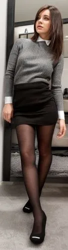 Changing room, young woman, early 20s, brown hair, white collar, dark grey ribbed jumper, tight jumper, long sleeves, white cuffs, black skirt, miniskirt, pencil skirt, bodycon skirt, tight clothes, b