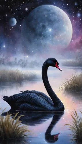 Create a serene painting depicting a solitary black swan amidst a misty marsh.,constellation swan,mourning swan,black swan,swan lake,swan,swan boat,loon,swan on the lake,swans,the head of the swan,aqu