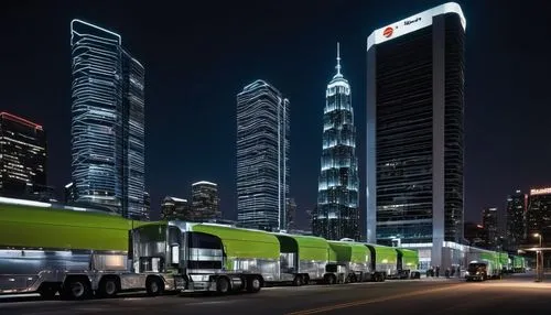 Futuristic architectural design, neon-lit skyscraper, reflective glass façade, sleek metallic accents, bustling cityscape, night time, dramatic lighting, low-angle shot, truck stops, 18-wheelers, semi