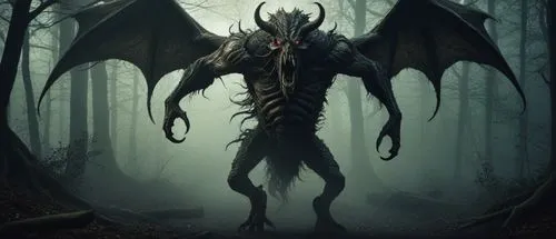 the giant demon with large horns stands in a forest,mothman,orcus,daemon,demonata,demongeot,morgul