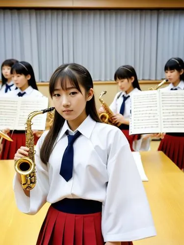 Japanese schoolgirls making music.,an asian girl in a uniform and her instrument in front of other girls with musical instruments,euphonium,euphoniums,flugelhorn,trombone concert,fanfare horn,tuba