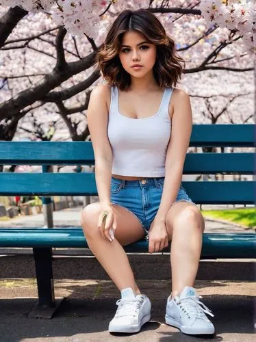 selena,selena gomez,sel,park bench,sitting,bench,spring background,sitting on a chair,jeans background,behaving,sneakers,japanese sakura background,seated,topanga,springtime background,selenate,april,arms crossed,crossed legs,legs crossed,Art,Artistic Painting,Artistic Painting 42