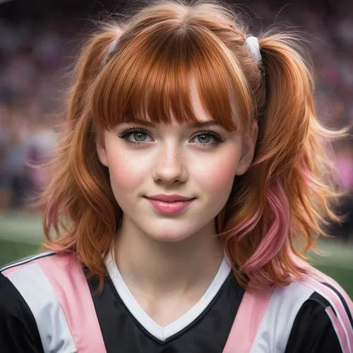 pretty girl with ginger hair and  bangs, gray eyes, blushy cheeks, pink lips, she is a cheerleader in black and white uniform,ginger rodgers,soccer player,cheerleader,kilpin,mackiernan,football player