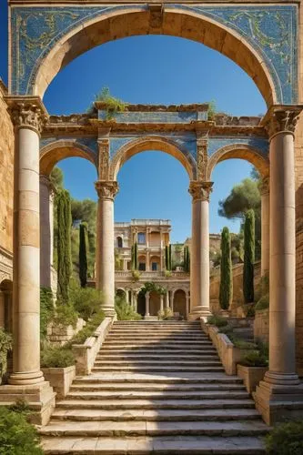 celsus library,panagora,gennadius,palatino,leptis,giarratano,palmyra,pergola,celsus,palladianism,apolloni,alhambra,villa d'este,the ruins of the palace,giardino,taormina,jardiniere,janiculum,jerash,ephesus,Illustration,Realistic Fantasy,Realistic Fantasy 26